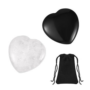 2Pcs 2 Style Heart Natural Mixed Gemstone Massage, with 1Pc Velvet Cloth Drawstring Bags, 39~40x39.5~40x7~8mm, 1pc/style