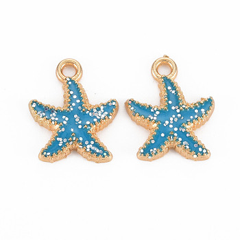 Alloy Pendants, with Enamel and Glitter, Light Gold, Starfish, Sky Blue, 18~19x15x3mm, Hole: 2mm