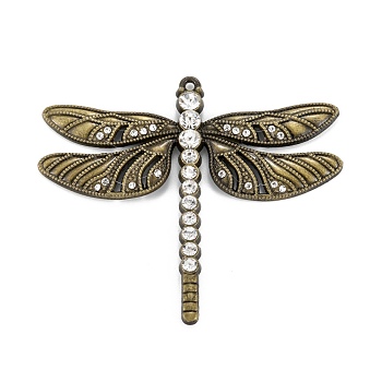 Golden Alloy Rhinestone Dragonfly Pendants, Long-Lasting Plated, Cadmium Free & Nickel Free & Lead Free, Crystal, 57x64x2mm, Hole: 2mm