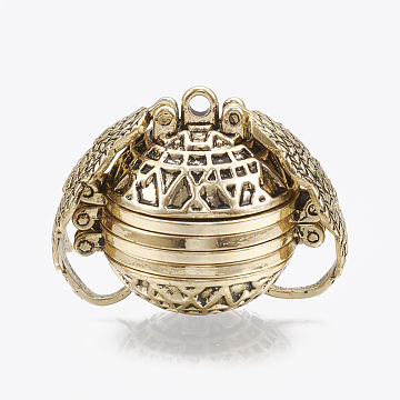 Alloy Prayer Box Pendants, Round with Wing, Antique Golden, 23~24x28~29x20mm, Hole: 2mm; Inner Measure: 18mm(PALLOY-T062-01A)