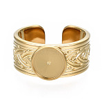 304 Stainless Steel Open Cuff Finger Ring Cabochon Settings, Flat Round, Real 14K Gold Plated, US Size 7 1/4(17.5mm), Tray: 8mm(X-STAS-T060-05G)
