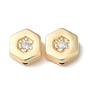 Brass Micro Pave Cubic Zirconia Beads, Hexagon, Real 18K Gold Plated, 8x7x3.5mm, Hole: 1mm(KK-F862-19G)