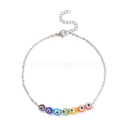Multi-Colored Handmade Evil Eye Lampwork Anklets, with 304 Stainless Steel Cable Chains, Stainless Steel Color, 8-5/8 inch(22cm)(AJEW-AN00514-01)