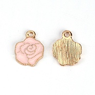 Zinc Alloy Enamel Pendants, Light Gold, Rose, Pink, 15x12x1.5mm, Hole: 1.8mm(MP-TAC0001-08A)