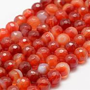 Faceted Natural Striped Agate/Banded Agate Beads Strands, Round, Dyed & Heated, Orange Red, 4mm, Hole: 0.8mm, about 86pcs/strand, 14 inch(35.6cm)(G-F447-4mm-H03)