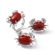 Natural Red Jasper Crab Open Cuff Ring, Platinum Brass Jewelry for Women, Cadmium Free & Lead Free, US Size 7 1/4(17.5mm)(RJEW-I090-01P-03)