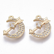 Brass Micro Cubic Zirconia Charms, Nickel Free, Real 18K Gold Plated, Moon with Arrow, Clear, 13x10x3mm, Hole: 1mm(KK-N231-21-NF)