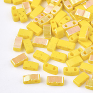 Electroplate Opaque Glass Seed Beads, 2-Hole, Rectangle, Yellow, 4.5~5.5x2x2~2.5mm, Hole: 0.5~0.8mm(SEED-S023-18B-04A)