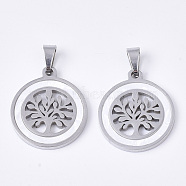 201 Stainless Steel Pendants, with Shell and Random Size Snap on Bails, Flat Round with Tree, Stainless Steel Color, 23x20x2mm, Hole: 7~10x3~5mm(STAS-N089-71P)
