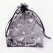 Organza Gift Bags, Silver Hearts Printed, with Drawstring, Black, 9x7cm(X-OP-Q038-7x9-01)
