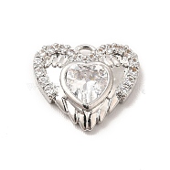 Rack Plating Brass Micro Pave Cubic Zirconia Charms, Cadmium Free & Lead Free, Long-Lasting Plated, Heart with Wing Charm, Platinum, Clear, 11x13x2.5mm, Hole: 1mm(KK-P230-19P-01)