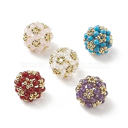 5Pcs 5 Style Natural & Synthetic Mixed Gemstone & Brass Woven Beads, Cluster Beads, Round, 22~24mm, Hole: 2.5~4mm, 1Pc/style(G-JF-4mm-M)