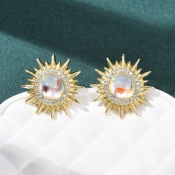 Sun Brass Micro Pave Clear Cubic Zirconia Stud Earrings, with Glass, Rack Plating, Long-Lasting Plated, Lead Free & Cadmium Free, Real 18K Gold Plated, 21mm(EJEW-K324-02G)