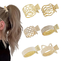 6Pcs 6 Style Alloy & Plastic Imitation Pearl & Crystal Rhinestone Claw Hair Clips High Ponytail Holder, for Woman Girls Thick Hair, Light Gold, 43~47.5x33.5~36x16.5~24mm, 1pc/style(PHAR-HY0001-03)