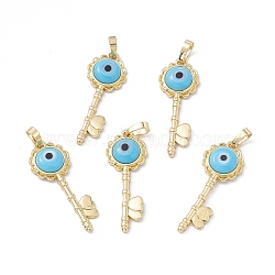 Handmade Evil Eye Lampwork Pendants, with Rack Plating Real 18K Gold Plated Brass Findings, Long-Lasting Plated, Flower Key with Heart, Light Sky Blue, 33x12x3.5mm, Hole: 4x7mm(LAMP-G157-03G-02)