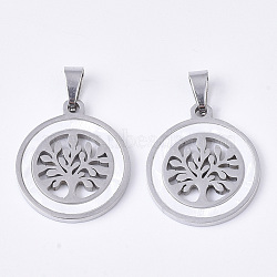 201 Stainless Steel Pendants, with Shell and Random Size Snap on Bails, Flat Round with Tree, Stainless Steel Color, 23x20x2mm, Hole: 7~10x3~5mm(STAS-N089-71P)