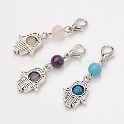 Tibetan Style Alloy Pendants, with Natural & Synthetic Mixed Stone Beads and Lobster Claw Clasps, Hamsa Hand/Hand of Fatima/Hand of Miriam, 40mm(X-HJEW-JM00191)