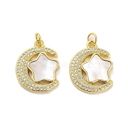 Brass Micro Pave Clear Cubic Zirconia Pendants, with Shell, Jump Ring, Moon with Star, Real 18K Gold Plated, 21x17x3mm, Hole: 3.5mm(KK-K365-16G)