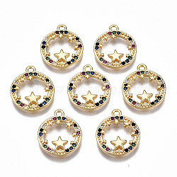 Brass Micro Pave Cubic Zirconia Charms, Nickel Free, Ring with Star, Real 18K Gold Plated, 14x12x2mm, Hole: 1.2mm(KK-Q277-074-NF)