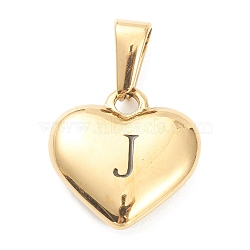 304 Stainless Steel Pendants, Heart with Black Letter, Golden, Letter.J, 16x16x4.5mm, Hole: 7x3mm(STAS-P278-01J-G)