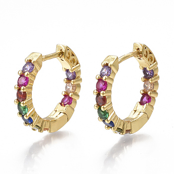 Brass Micro Pave Cubic Zirconia(Random Mixed Color) Hoop Earrings, Golden, 18x19x3.5mm, Pin: 1mm