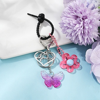 Acrylic Butterfly & Resin Flower Pendant Keychains, with Silicone Cable Zip Ties and Zinc Alloy Lobster Claw Clasps, Medium Violet Red, 100mm