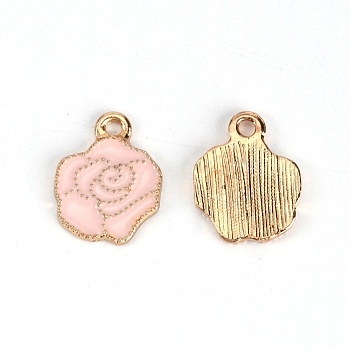 Zinc Alloy Enamel Pendants, Light Gold, Rose, Pink, 15x12x1.5mm, Hole: 1.8mm