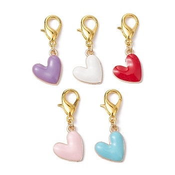 Heart Alloy Enamel Pendant Decoration, with Lobster Claw Clasps, Mixed Color, 34mm