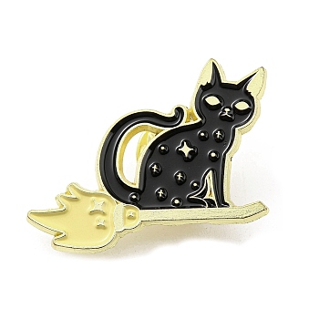 Magic Cat with Broom Enamel Pin, Alloy Brooch for Backpack Clothes, Cat Shape, 21.5x32x1.5mm