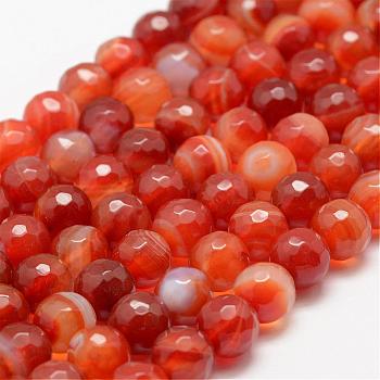 Faceted Natural Striped Agate/Banded Agate Beads Strands, Round, Dyed & Heated, Orange Red, 4mm, Hole: 0.8mm, about 86pcs/strand, 14 inch(35.6cm)