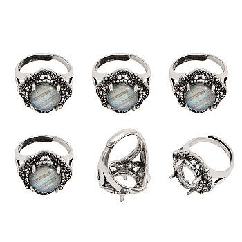 6Pcs Adjustable Alloy Finger Ring Findings, 4 Claw Prong Pad Ring Settings, Rhombus with Round Tray, Antique Silver, Inner Diameter: 18~21mm, Tray: 12x12mm