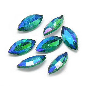 Pointed Back Glass Rhinestone Cabochons, Back Plated, Faceted, AB Color Plated, Horse Eye, Sea Green, 15x7x4mm