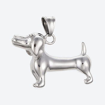 304 Stainless Steel Puppy Pendants, Large Hole Pendants, Sausage Dog/Dachshund, Stainless Steel Color, 27x39x15mm, Hole: 5x9mm