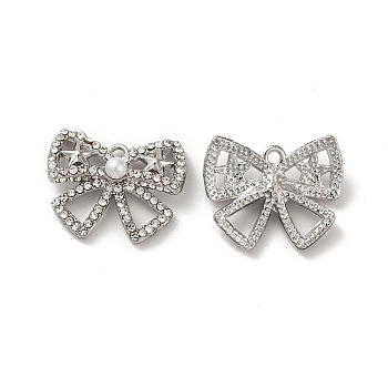 Crystal Rhinestone Pandants, with Rack Plating Alloy Findings & ABS Plastic Imitation Pearl Beaded, Nickel Free, Bowknot Charms, Platinum, 17.5x21.5x5mm, Hole: 1.6mm