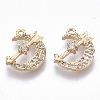 Brass Micro Cubic Zirconia Charms, Nickel Free, Real 18K Gold Plated, Moon with Arrow, Clear, 13x10x3mm, Hole: 1mm