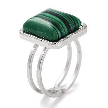 304 Stainless Steel Ring, Adjustable Synthetic Malachite Rings, Square, 15x15mm, Inner Diameter: Adjustable