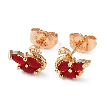 Brass Rhinestone Stud Earrings, Swan, Light Gold, 9x10.5mm