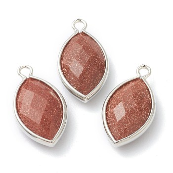 Synthetic Goldstone Pendants, with Platinum Brass Edge, Faceted, Horse Eye, 22x12x5.5mm, Hole: 1.8mm