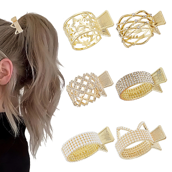 6Pcs 6 Style Alloy & Plastic Imitation Pearl & Crystal Rhinestone Claw Hair Clips High Ponytail Holder, for Woman Girls Thick Hair, Light Gold, 43~47.5x33.5~36x16.5~24mm, 1pc/style