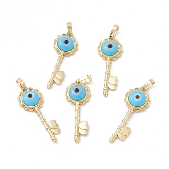Handmade Evil Eye Lampwork Pendants, with Rack Plating Real 18K Gold Plated Brass Findings, Long-Lasting Plated, Flower Key with Heart, Light Sky Blue, 33x12x3.5mm, Hole: 4x7mm