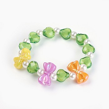 Acrylic Beads Kids Stretch Bracelets, Bowknot & Heart & Round, Green, 1-5/8 inch(4.3cm)