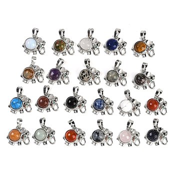 Natural & Synthetic Mixed Gemstone Pendants, Rack Plating Brass Rhinestone Elephant Charms, Platinum, Cadmium Free & Lead Free, Mixed Dyed and Undyed, 17.5x20.5x8mm, Hole: 5x8mm