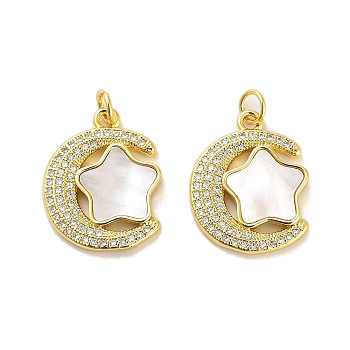 Brass Micro Pave Clear Cubic Zirconia Pendants, with Shell, Jump Ring, Moon with Star, Real 18K Gold Plated, 21x17x3mm, Hole: 3.5mm