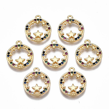 Brass Micro Pave Cubic Zirconia Charms, Nickel Free, Ring with Star, Real 18K Gold Plated, 14x12x2mm, Hole: 1.2mm