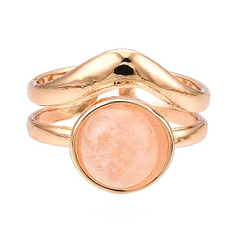 Round Natural Rose Quartz Finger Rings, Golden Tone Alloy Open Cuff Ring for Women, 15mm, Adjustable