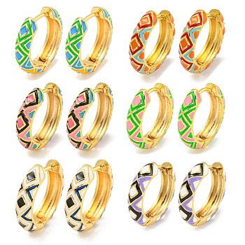 Rack Plating Rhombus Pattern Brass Enamel Hoop Earrings, Cadmium Free & Lead Free, Long-Lasting Plated, Real 18K Gold Plated, Mixed Color, 19x4.5mm