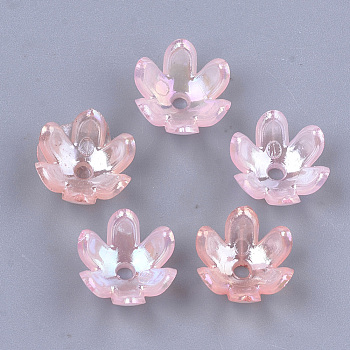 Transparent Acrylic Bead Caps, AB Color, 6-Petal, Flower, Pink, 14x13x6mm, Hole: 2mm, about 1575pcs/500g