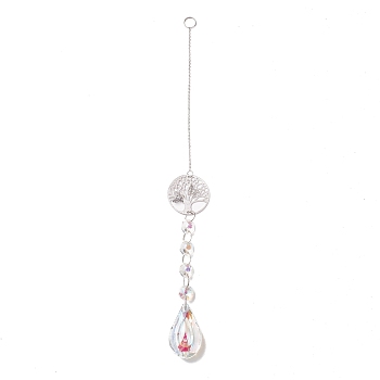 Hanging Suncatcher, Iron & Faceted Glass Pendant Decorations, with Jump Ring, Tree of Life, Clear AB, 350x1mm, Hole: 11mm