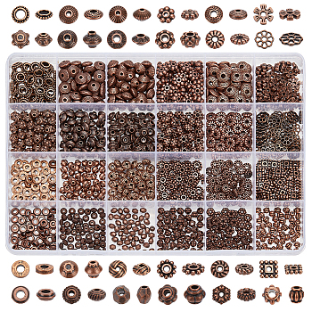 Elite 1200Pcs 24 Styles Tibetan Style Alloy Spacer Beads Sets, Rondelle & Bicone & Flat Round, Mixed Shapes, Red Copper, 4~9x2~6.3mm, Hole: 1~2.5mm, 50pcs/style