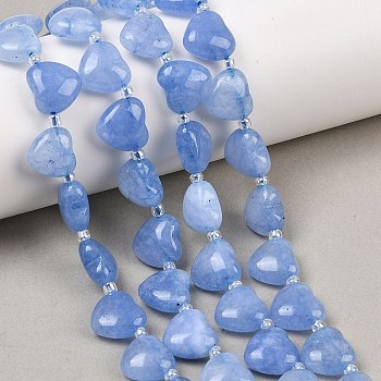 Natural White Jade Beads Strands, Puffy Heart, Top Drilled, with Seed Beads, Dyed, Cornflower Blue, 10.7~11.5x11.6~12.3x5.4~6.3mm, Hole: 1.2~1.3mm, about 28pcs/strand, 15.75''(40cm)